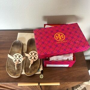 Tory Burch Bright Peach Sandals with Logo Box and bag